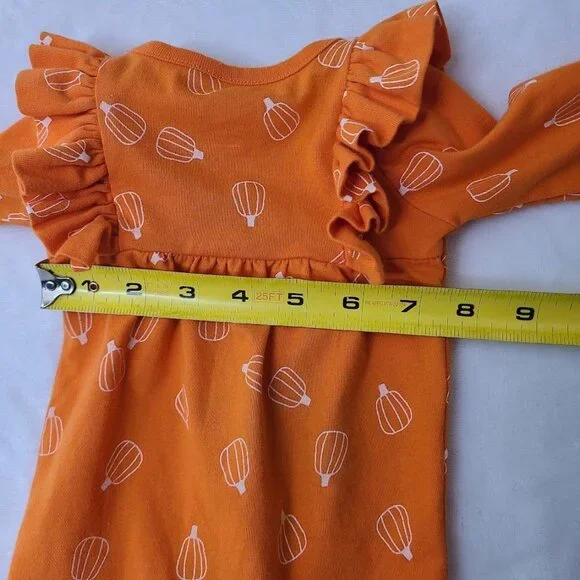 Cat & Jack Baby NB Pumpkin Print Long Sleeve Ruffle Romper Orange - Picture 6 of 7